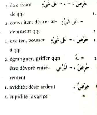 Extrait de lexique arabe du site Fawaid al Qulub montrant des verbes dérivés de la racine « ḥ-r-ṣ » avec leurs traductions françaises : être avare, convoiter, exciter, etc.