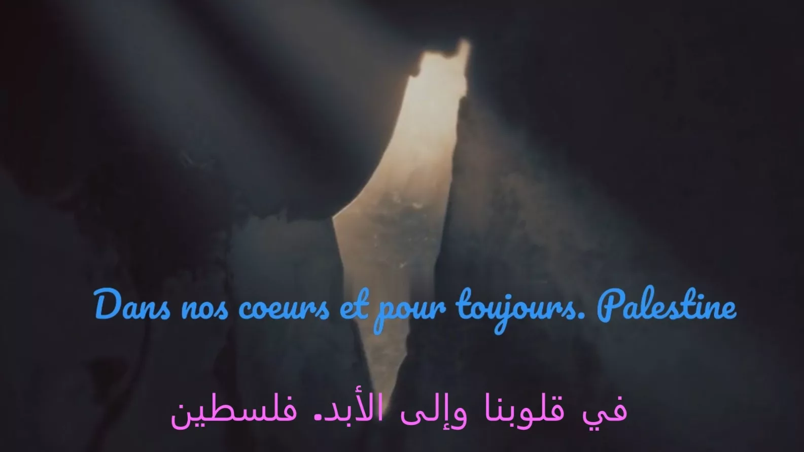 Une silhouette vue à l'intérieur d'une grotte, donnant sur une lumière extérieure avec la forme de la carte de la Palestine. Le texte superposé en bleu et en rose dit "Dans nos coeurs et pour toujours. Palestine" en français et en arabe.