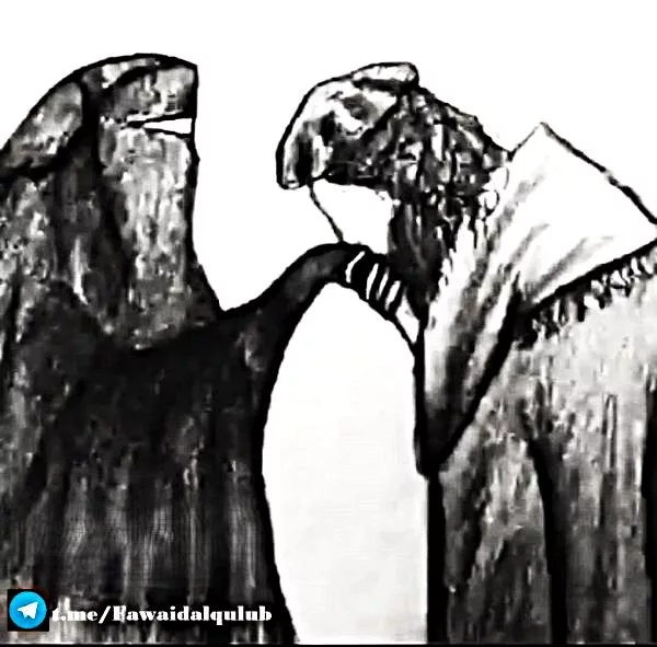 Un couple. La femme est voilée et l'homme lui tient la main qu'il est en train d'embrasser. Dans une représentation artistique en noir et blanc. L'image symbolise l'amour dans la joie et la douleur.