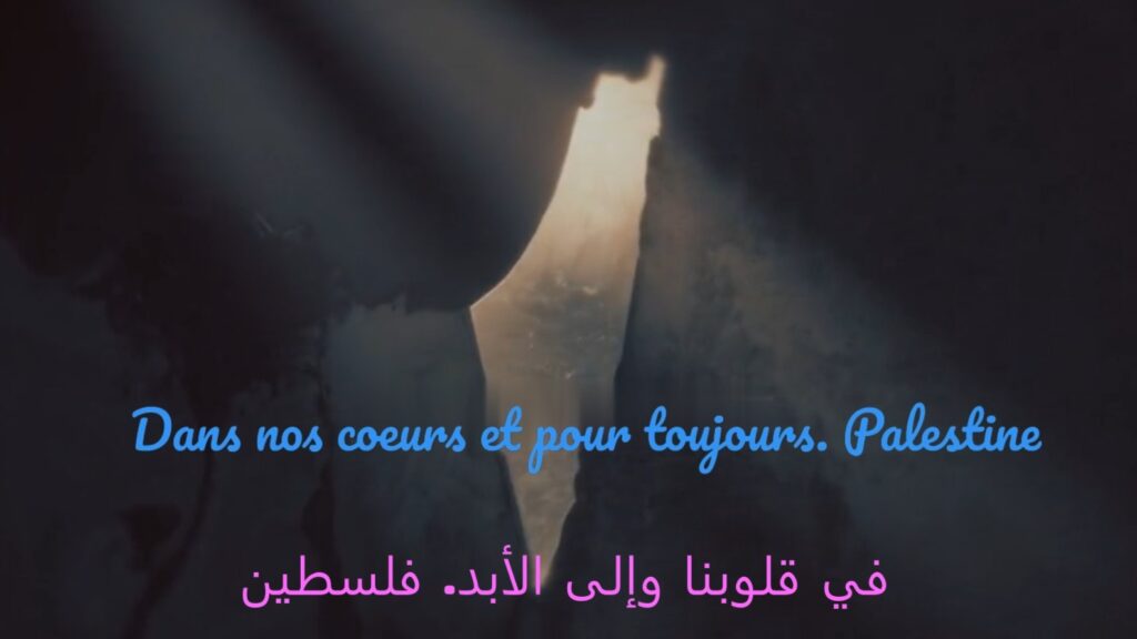 Une silhouette vue à l'intérieur d'une grotte, donnant sur une lumière extérieure avec la forme de la carte de la Palestine. Le texte superposé en bleu et en rose dit "Dans nos coeurs et pour toujours. Palestine" en français et en arabe.