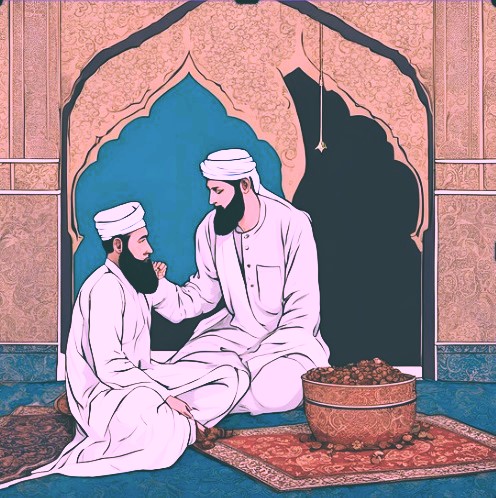 Deux hommes musulmans assis ensemble, l'un offrant de la nourriture à l'autre dans un cadre traditionnel islamique.