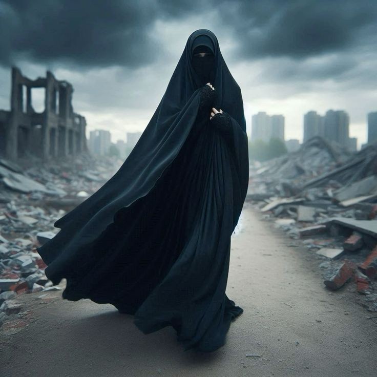 Une femme en abaya noire se tient dans un paysage urbain en ruine.