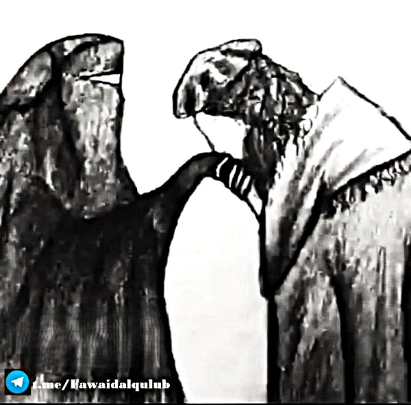 Un couple. La femme est voilée et l'homme lui tient la main qu'il est en train d'embrasser. Dans une représentation artistique en noir et blanc. L'image symbolise l'amour dans la joie et la douleur.