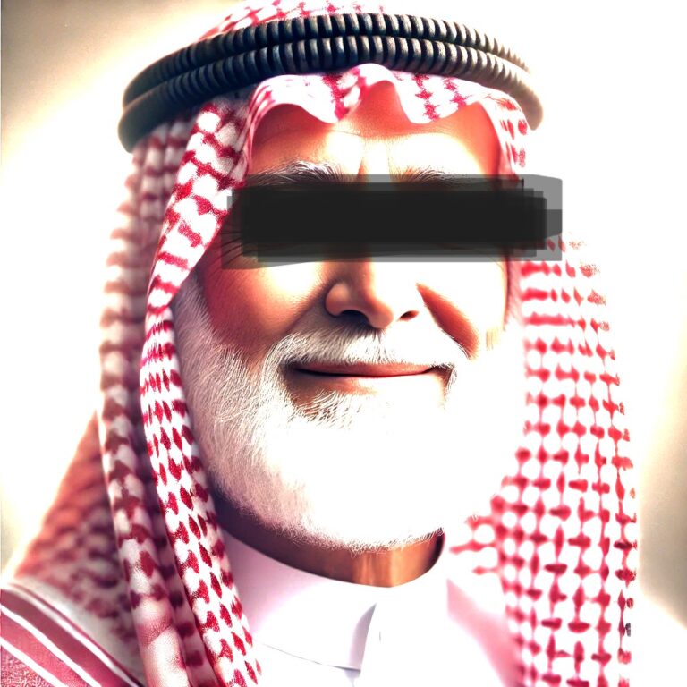 Gros plan sur Sulaiman Al Rajhi, vêtu du thobe et de la ghutra traditionnels saoudiens. Son sourire chaleureux et son expression sereine reflètent son humilité et sa générosité. Son regard, empreint de sagesse, raconte l'histoire d'un homme qui a bâti un empire avec foi et persévérance, tout en consacrant sa fortune à des œuvres caritatives.