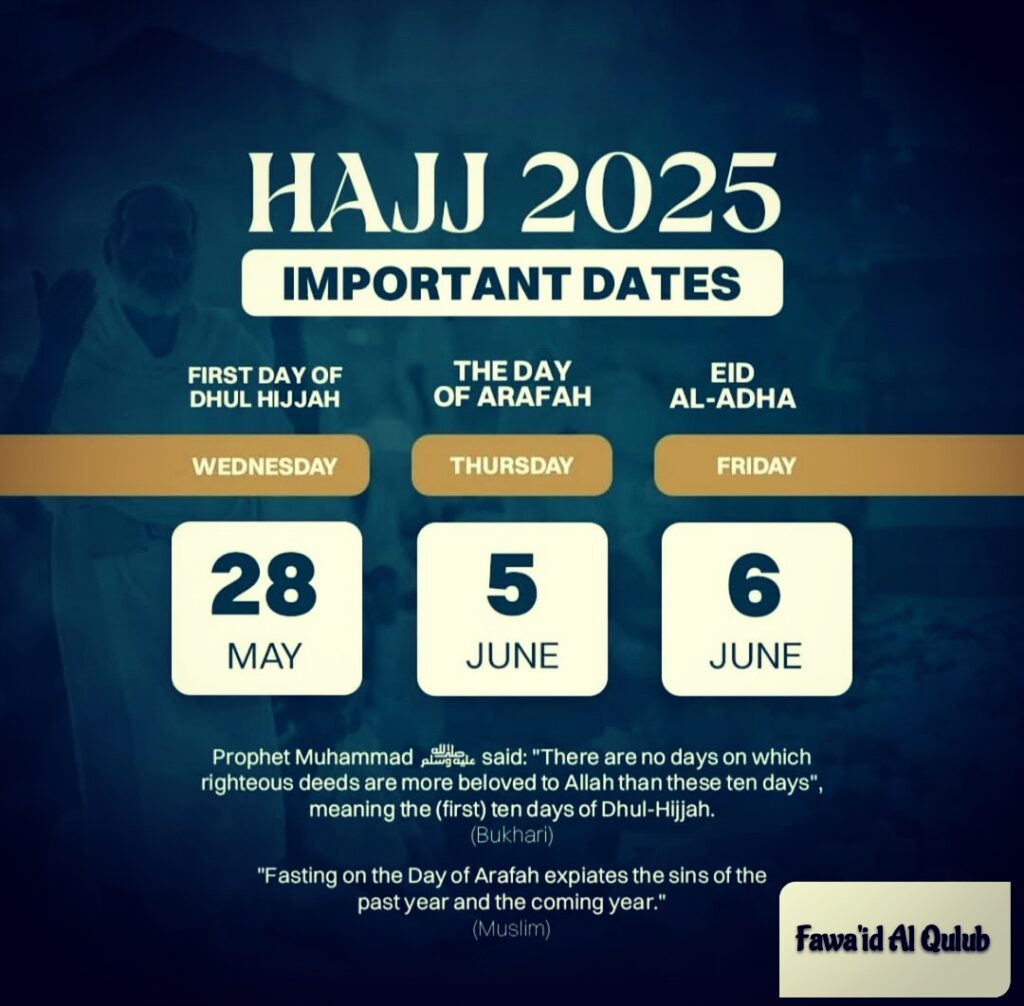Hajj 2025 Islamic calendar dates including Dhul Hijjah, Arafah and Eid