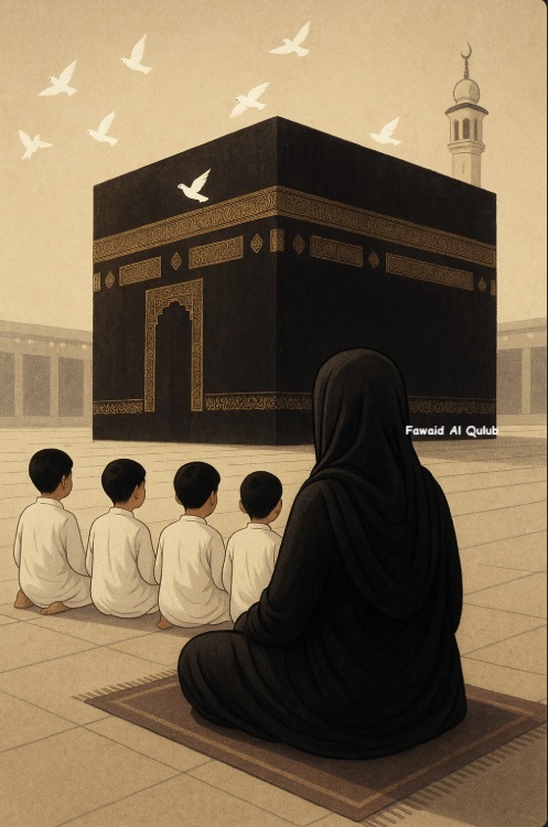 Illustration d'une femme voilée assise en prière face à la Kaaba, avec quatre garçons en tenue d’ihram assis derrière elle, vus de dos, dans un décor sacré à La Mecque.