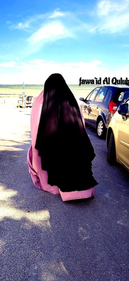 Femme de dos en jilbab rose et cape noire, debout devant l’océan sous un ciel bleu clair.
