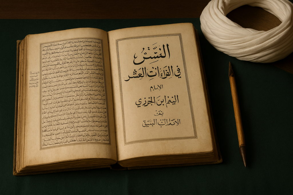 Manuscrit islamique ancien ouvert du livre «النشر في القراءات العشر» d’Ibn al-Jazarī, posé sur un tissu vert, accompagné d’un turban et d’un calame, dans un style traditionnel et épuré.