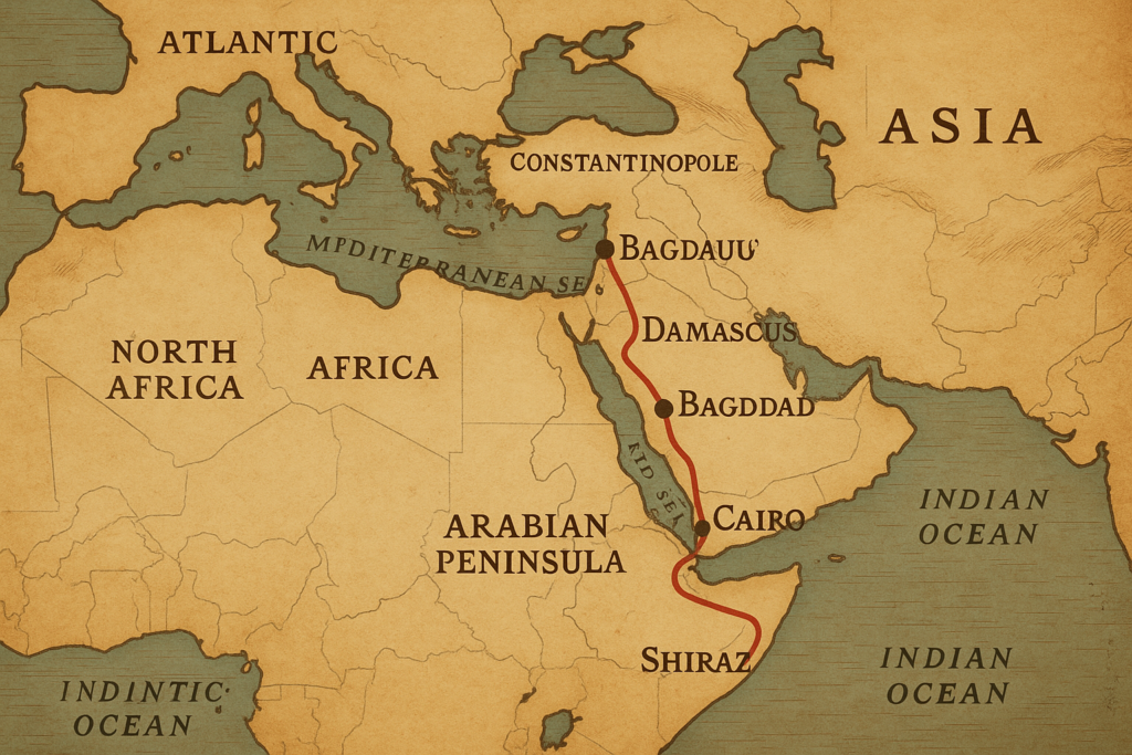 Carte ancienne du monde musulman montrant les principales villes visitées par l’imam Ibn al-Jazarī : Damas, Bagdad, Le Caire, Constantinople, et Shiraz, avec une ligne rouge représentant son itinéraire savant.