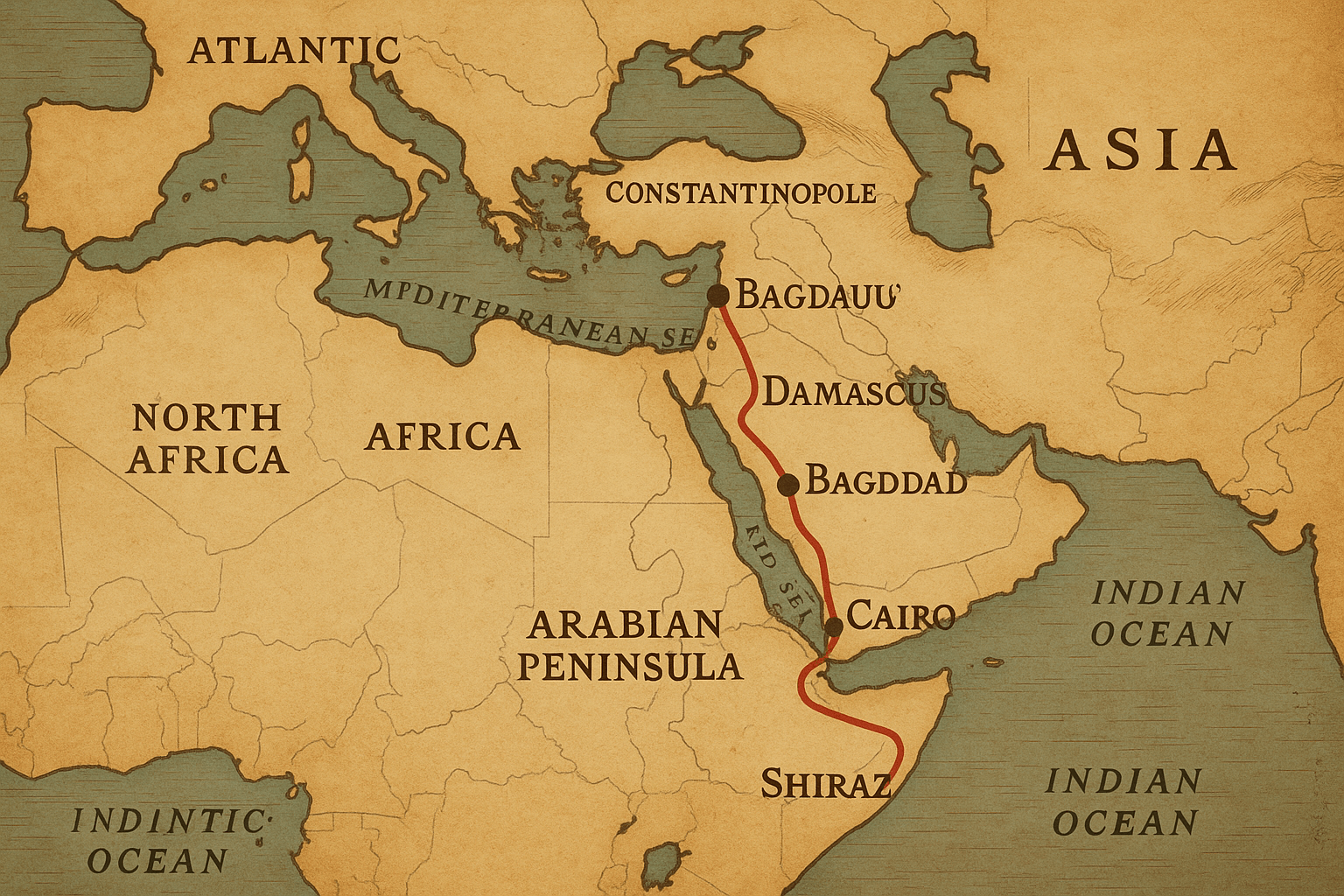 Carte ancienne du monde musulman montrant les principales villes visitées par l’imam Ibn al-Jazarī : Damas, Bagdad, Le Caire, Constantinople, et Shiraz, avec une ligne rouge représentant son itinéraire savant.