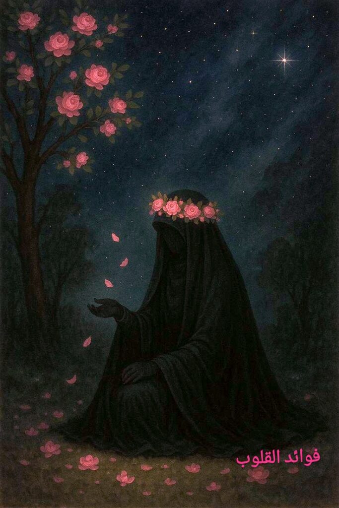 Illustration d'une silhouette voilée en noir portant une couronne de roses roses, assise en méditation sous un ciel étoilé avec des pétales tombant de sa main. Logo Fawaid Al Qulub en bas à droite.