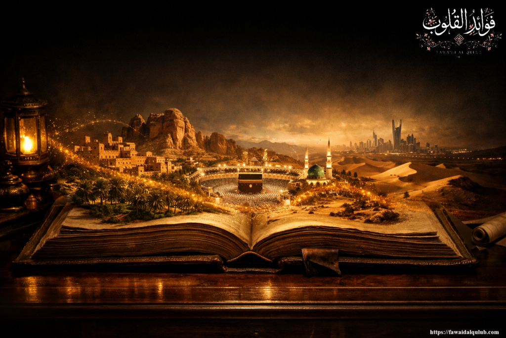 Al Buldan. Illustration d'un livre ancien ouvrant sur une vue sacrée de La Mecque, symbolisant l'histoire et la géographie des contrées islamiques sur Fawaid Al Qulub